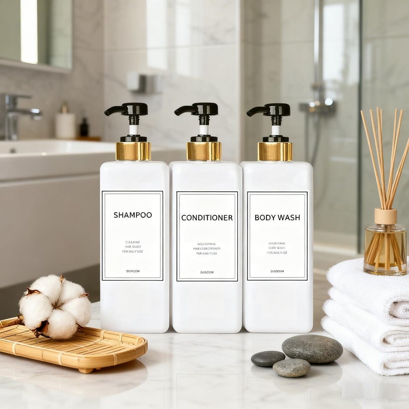 DIDROOM Modern Gold Shampoo and Conditioner Dispenser (21 oz, Pack of 3) Refillable Pump Bottle Set Empty Shower Plastic Bottles with Pump for Bathroom Body Wash Soap and Shower, 3 Types Waterproof Labels - Image 2